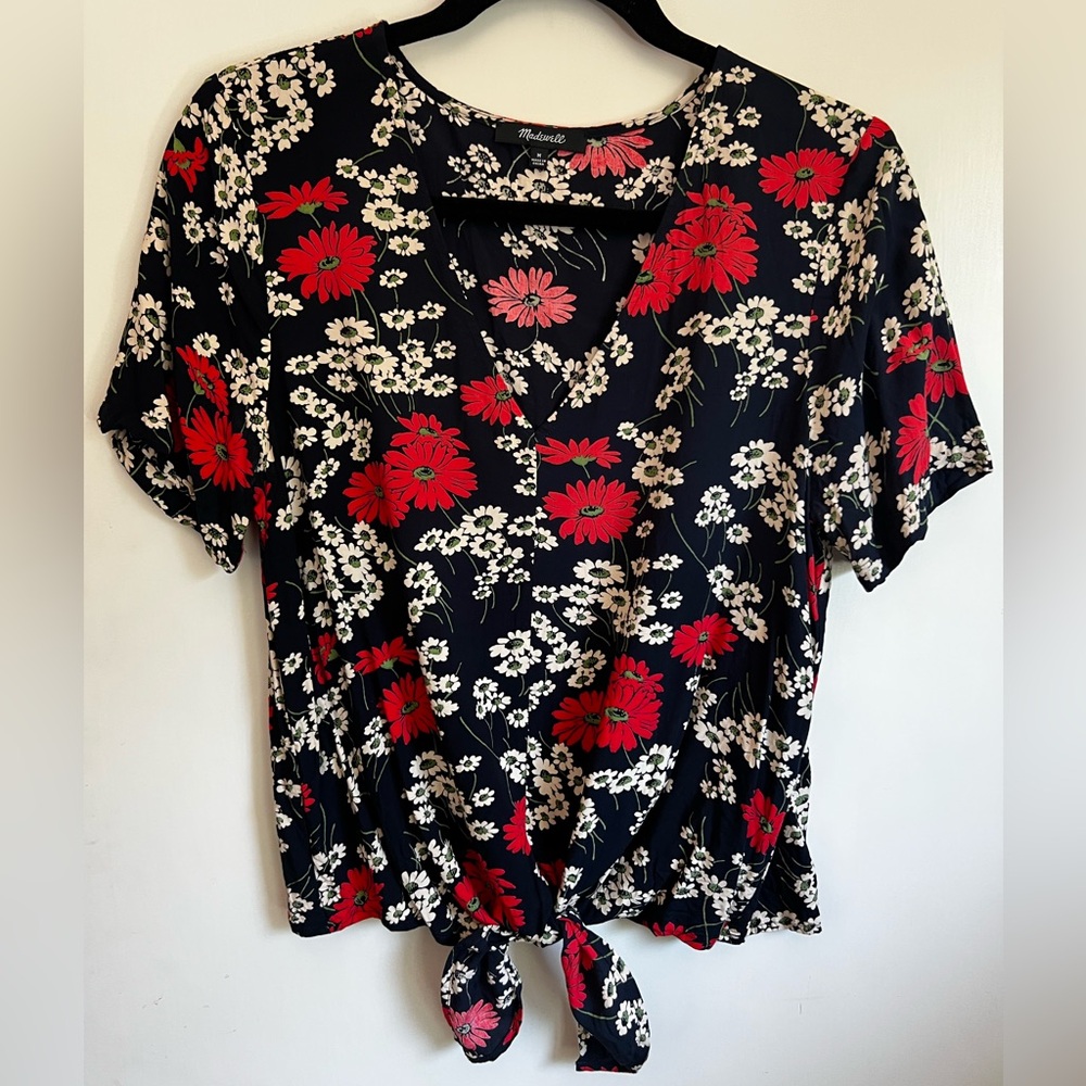 Madewell Black and Red Hillside Daisies Floral V-neck Tie Front Blouse